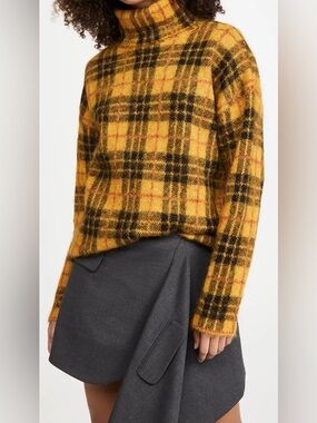 Monse Tartan Mohair Turtleneck Sweater yellow black plaid brushed mohair sz M